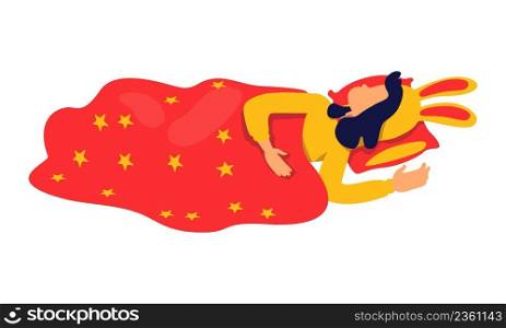 Little girl sleeping under star throw blanket semi flat color vector character. Lying figure. Full body person on white. Simple cartoon style illustration for web graphic design and animation. Little girl sleeping under star throw blanket semi flat color vector character