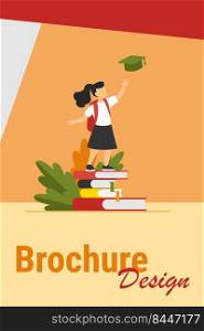 Little girl standing on pile of books. Study, school, pupil flat vector illustration. Education and knowledge concept for banner, website design or landing web page