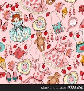 Little girl toys and accessories pink seamless wall paper pattern with bear doll abstract sketch vector illustration