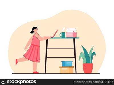 Little girl using laptop on table at home. Pupil attending virtual lessons or chatting with friends flat vector illustration. Online education, quarantine, communication concept for banner