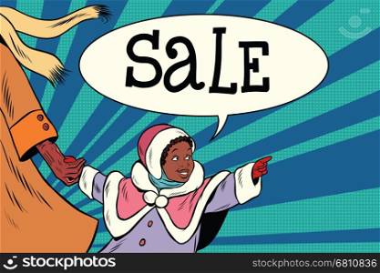 Little girl vintage saw the sale. Pop art retro vector illustration. African American people. Little girl vintage saw the sale