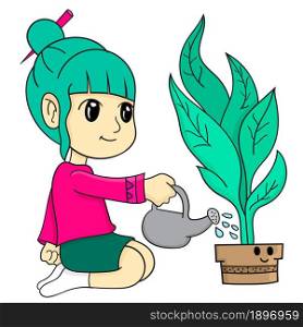 little girl watering plant