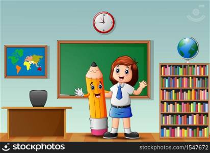Little girl waving hand with holding yellow pencil in the classroom