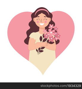 Little girl with a bouquet of flowers. Greeting card for international women&rsquo;s day, birthday. Vector illustration with people