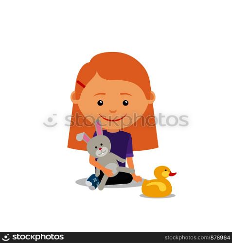 Little girl with a toy rabbit sitting on the floor, isolated on the white background. Vector illustration. Little girl with toy rabbit