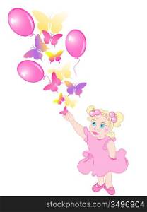 little girl with colored butterflies and balloons