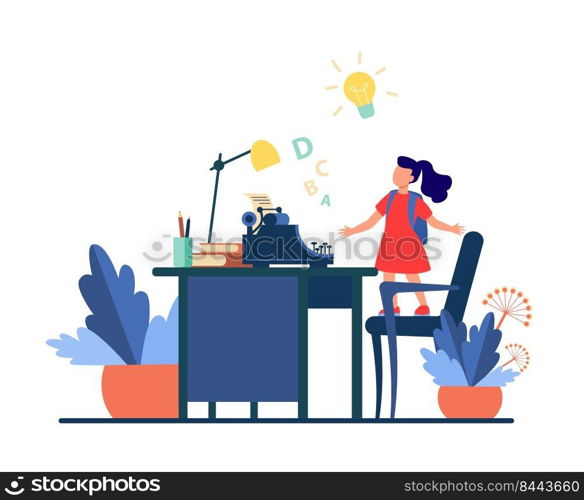 Little girl with idea looking on typewriter. Chair, desk, story flat vector illustration. Imagination and writing concept for banner, website design or landing web page