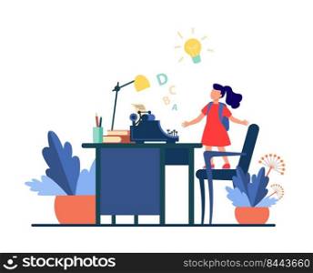 Little girl with idea looking on typewriter. Chair, desk, story flat vector illustration. Imagination and writing concept for banner, website design or landing web page