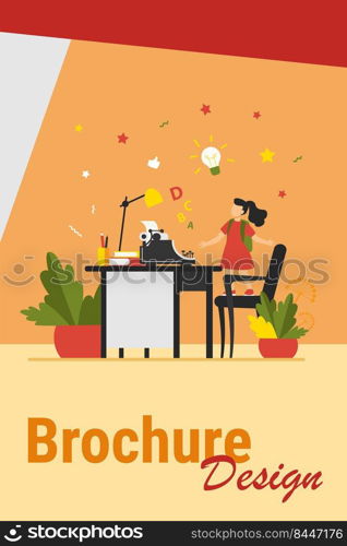 Little girl with idea looking on typewriter. Chair, desk, story flat vector illustration. Imagination and writing concept for banner, website design or landing web page