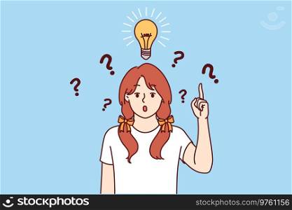 Little girl with light bulb above head says eureka and points up indicating presence of idea to solve problem. Child prodigy comes up with brilliant idea and opens mouth in surprise. Little girl with light bulb above head says eureka and points up indicating presence of idea