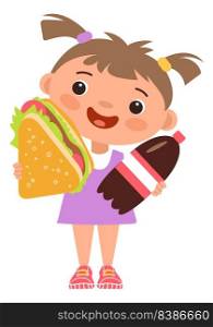 Little girl with sandwich and sweet drink bottle. Happy cartoon kid isolated on white background. Little girl with sandwich and sweet drink bottle. Happy cartoon kid