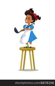 Little girl with soup ladle stand on kitchen backless stool. Smiling little girl in blue dress and white apron cooking. Isolated vector illustration on white background. Little Girl with Soup Ladle