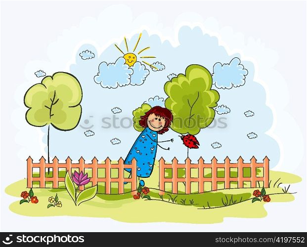 little girl with trees vector illustration