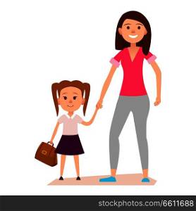 Little girl with two tails hairstyle and brown schoolbag keeps mother&rsquo;s hand. Vector illustration isolated on white background.. Little Girl with Brown Schoolbag Keeps Mom&rsquo;s Hand