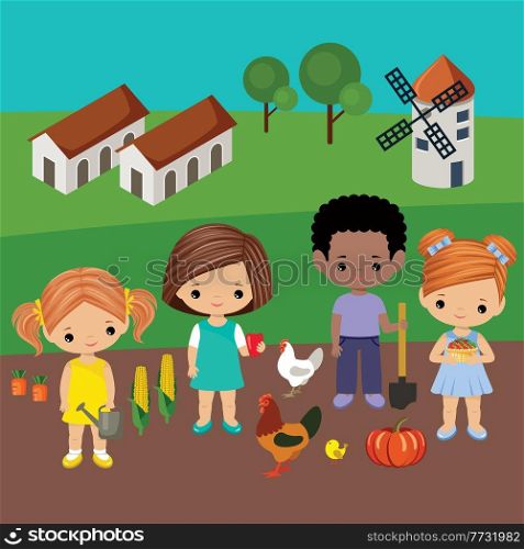 Little girls and boys agronomist. Village, field. Vector illustration