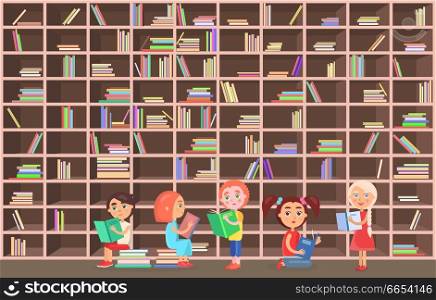 Little girls and boys stand and sit beside huge bookcase full of books with colorful covers in library and read vector illustration.. Children in Library Read Books Beside Bookcase