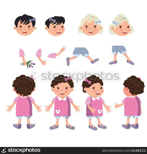 Little girls character set with different poses, gestures. Animation constructor, front, back and side view. Can be used for topics like childhood, daughter, kid. Little girls character set with different poses