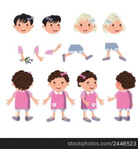 Little girls character set with different poses, gestures. Animation constructor, front, back and side view. Can be used for topics like childhood, daughter, kid. Little girls character set with different poses