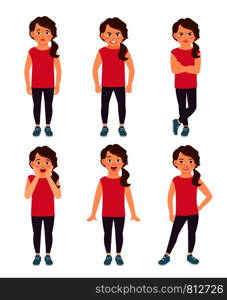 Little girls emotions vector illustration. Cartoon happy and sad, wonder and frightened girl feelings isolated on white background. Little girls emotions illustration