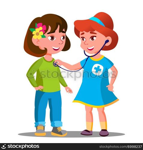 Little Girls Playing Doctor With Stethoscope Vector. Isolated Cartoon Illustration - Vector