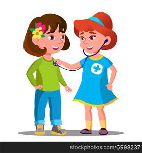 Little Girls Playing Doctor With Stethoscope Vector. Isolated Cartoon Illustration - Vector