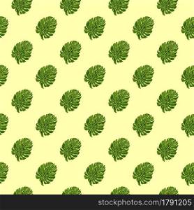 Little green diagonal monstera leaves seamless pattern. Light yellow background. Nature print. Decorative backdrop for fabric design, textile print, wrapping, cover. Vector illustration.. Little green diagonal monstera leaves seamless pattern. Light yellow background. Nature print.