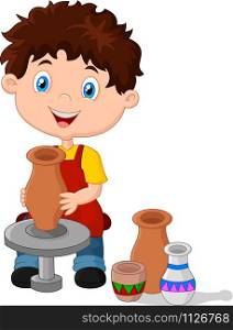 Little happy boy produced on potters wheel pot