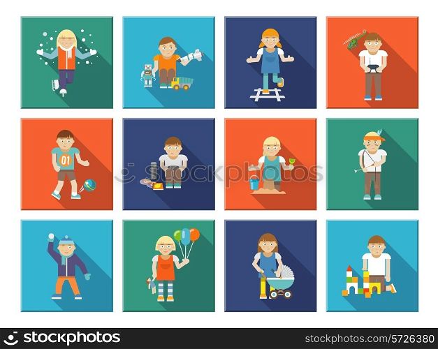 Little happy kids playing outdoor icons set isolated vector illustration