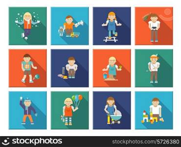 Little happy kids playing outdoor icons set isolated vector illustration