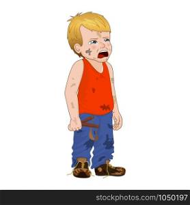 Little hellion boy crying, face showing sadness emotion. Boy has untidy appearance and holding in his hand a slingshot. Vector Illustration. Vector Illustration little hellion boy crying, face showing sadness emotion. Boy has untidy appearance and holding in his hand a slingshot