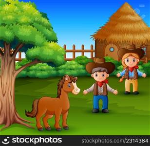 Little horse and farmer wearing rustic clothes 