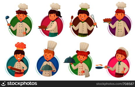 Little kid chef. Children cooking, kids cooks in circle frame and child chefs in round hole. Kitchen culinary boy and girl food cook character. Cartoon vector illustration isolated icons set. Little kid chef. Children cooking, kids cooks in circle frame and child chefs in round hole cartoon vector illustration set
