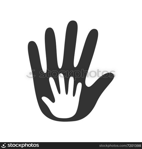 Little kid hand with a big adult ones, family support concept. Friendship logo. Premium vector illustration