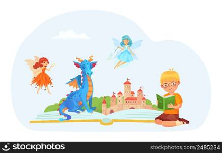 Little kid read book about dragons and fairies. Vector children fantasy and imagination, reading books colorful, cartoon illustration creativity. Little kid read book about dragons and fairies