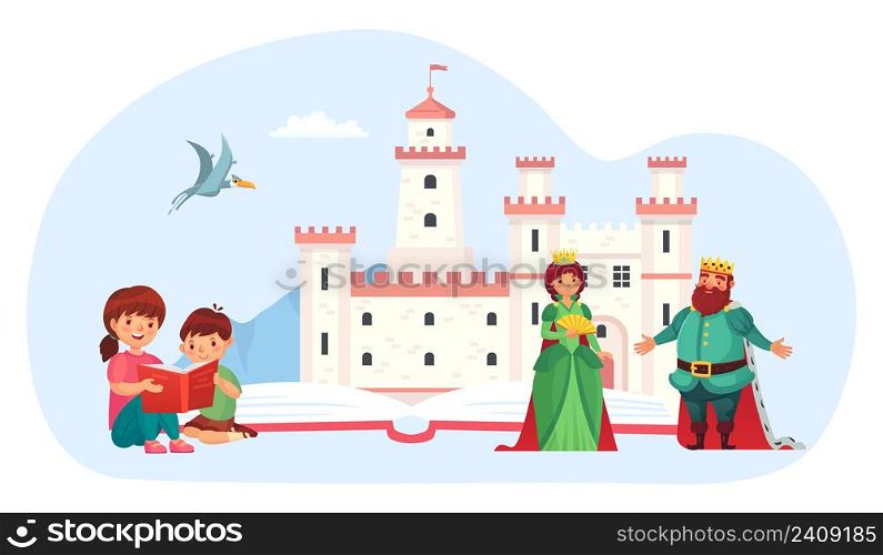 Little kid read book. Children reading fairy tale with medieval kingdom and queen and king. People imagining castle with legend royal characters, preschool education vector illustration. Little kid read book. Children reading fairy tale with medieval kingdom and queen and king. People imagining castle