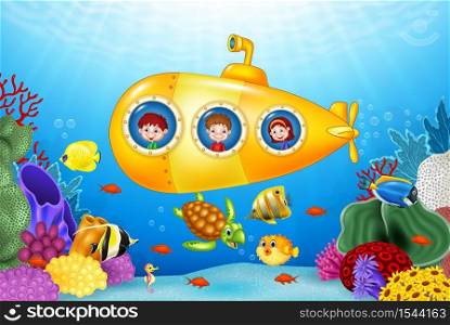 Little kids in submarine on the sea