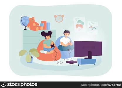 Little kids playing videogames on TV together. Room interior with children watching television screen while playing game flat vector illustration. Entertainment, leisure concept for banner