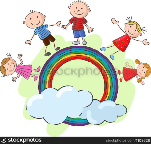 Little kids standing on the rainbow. illustration