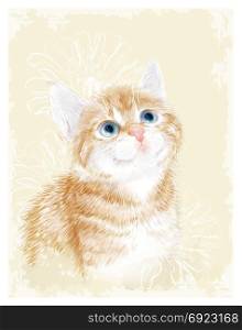 Little kitten the red marble coloring with flowers. Ginger fluffy kitten. Portrait oh the cat. Spring illustration.