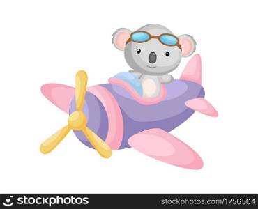 Little koala wearing aviator goggles flying an airplane. Funny baby character flying on plane for greeting card, baby shower, birthday invitation, house interior. Isolated cartoon vector illustration