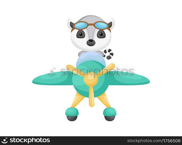 Little lemur wearing aviator goggles flying an airplane. Funny baby character flying on plane for greeting card, baby shower, birthday invitation, house interior. Isolated cartoon vector illustration
