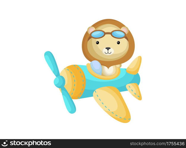 Little lion wearing aviator goggles flying an airplane. Funny baby character flying on plane for greeting card, baby shower, birthday invitation, house interior. Isolated cartoon vector illustration