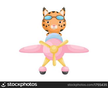 Little lynx wearing aviator goggles flying an airplane. Funny baby character flying on plane for greeting card, baby shower, birthday invitation, house interior. Isolated cartoon vector illustration
