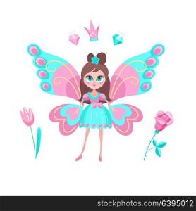Little magic elf. Beautiful girl with butterfly wings. Vector illustration. Isolated on a white background.