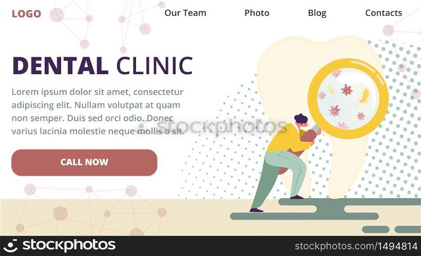 Little Man Doctor Dentist Character Learning Huge Human Tooth Looking Through Magnifier Glass at Microbes Dentistry Stomatology Dental Clinic Service Cartoon Flat Vector Illustration Horizontal Banner. Dentist Character Look at Magnifier Glass on Tooth