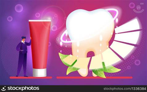 Little Man Stand and Recline on Big Toothpaste Tube near Huge Sparkling Healthy Tooth with Mint Leaves and Protective Screen. Hygiene and Care, Brushing Teeth Concept. Cartoon Flat Vector Illustration. Toothpaste. Hygiene, Care, Brushing Teeth Concept.