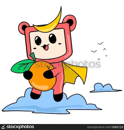 little monsters carrying citrus fruits. cartoon illustration sticker emoticon