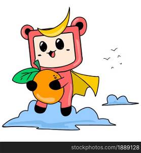 little monsters carrying citrus fruits. cartoon illustration sticker emoticon