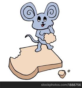 little mouse is eating white bread. cartoon illustration sticker mascot emoticon