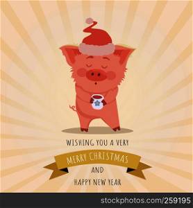 Little new year piggy with Christmas Santa?s Red Cap and tea. The year of pig Vector. Chinese symbol of the 2019. Excellent festive gift card. Illustration on yellow background